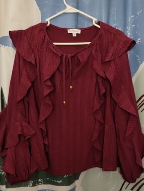 Luxology Women's Wine Red Ruffled Tie-Neck Blouse
